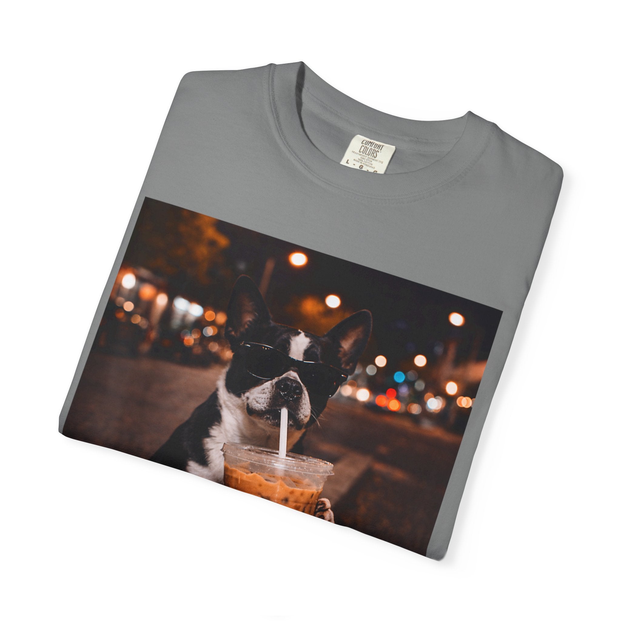 Boston Terrier Sipping Iced Coffee T-Shirt — Cute Dog Photo Tee