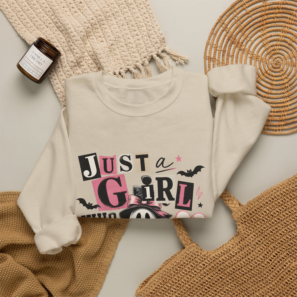 Halloween Sweatshirt — "Just a Girl Who Loves Halloween" Cute Ghost & Pumpkin Crewneck