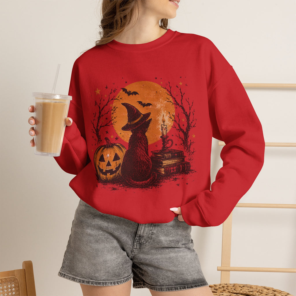 Crewneck Sweatshirt — Halloween Cat Witch Moon Graphic