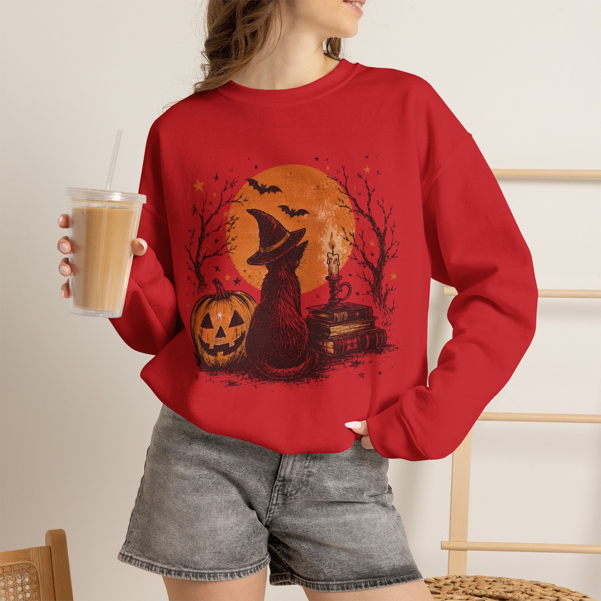 Crewneck Sweatshirt — Halloween Cat Witch Moon Graphic