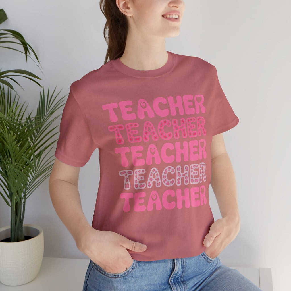 Teacher Repeating Pink Typography T‑Shirt