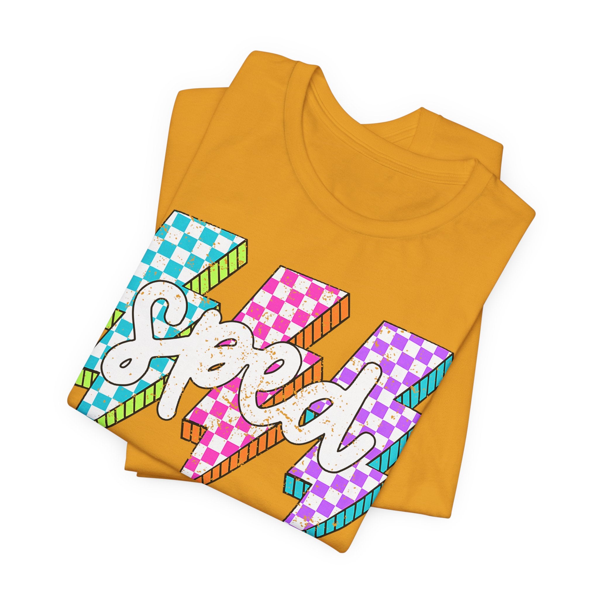 Speed Lightning Tee — Retro Checkerboard Bolt Graphic T-Shirt