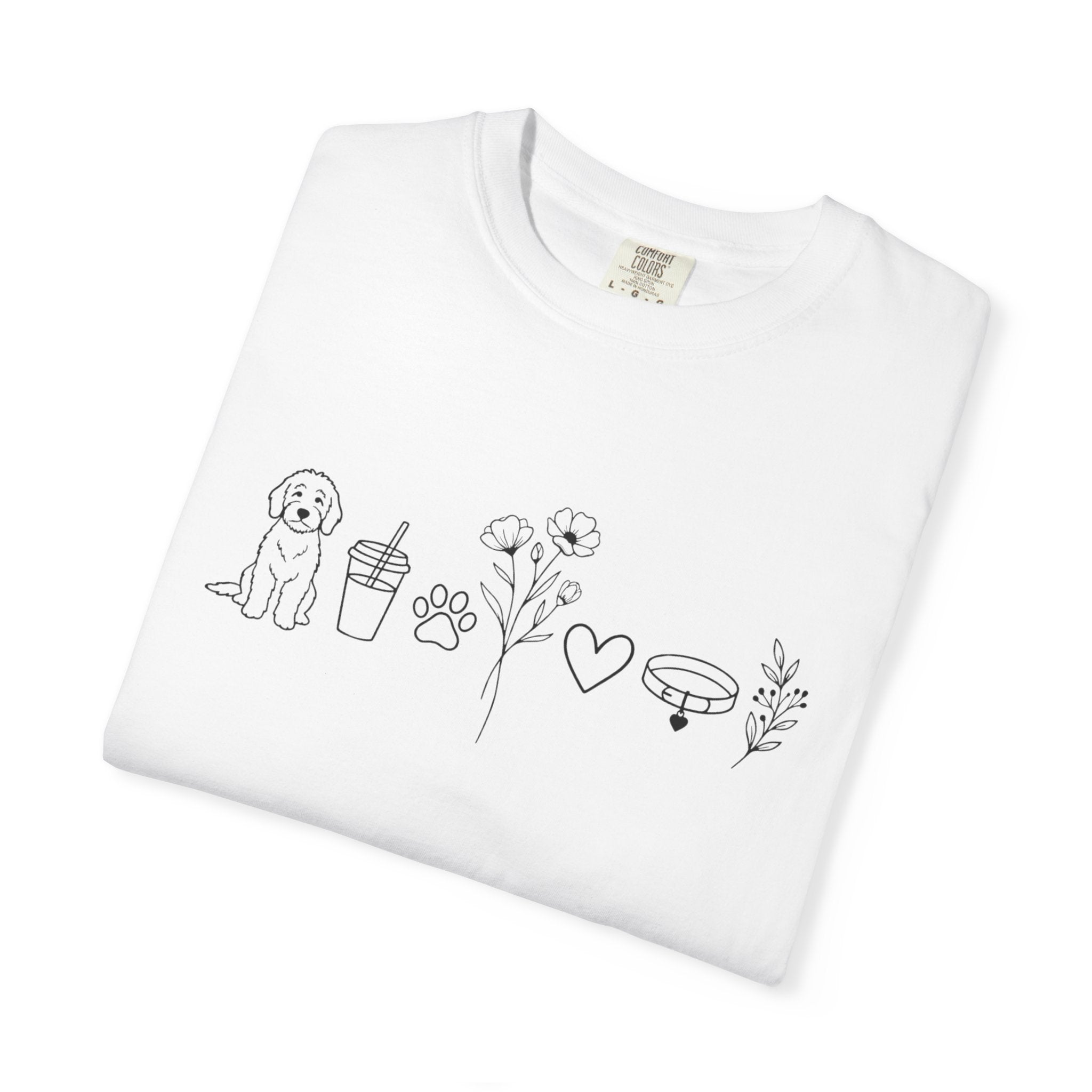 Minimal Doodle and Floral Icons T-Shirt — Coffee, Plants & Dog Line Art Tee