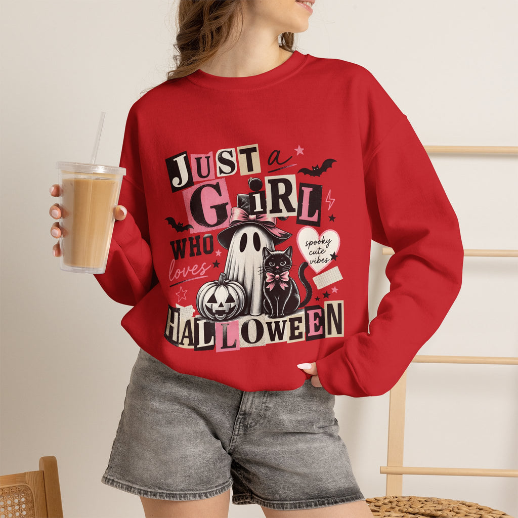 Halloween Sweatshirt — "Just a Girl Who Loves Halloween" Cute Ghost & Pumpkin Crewneck