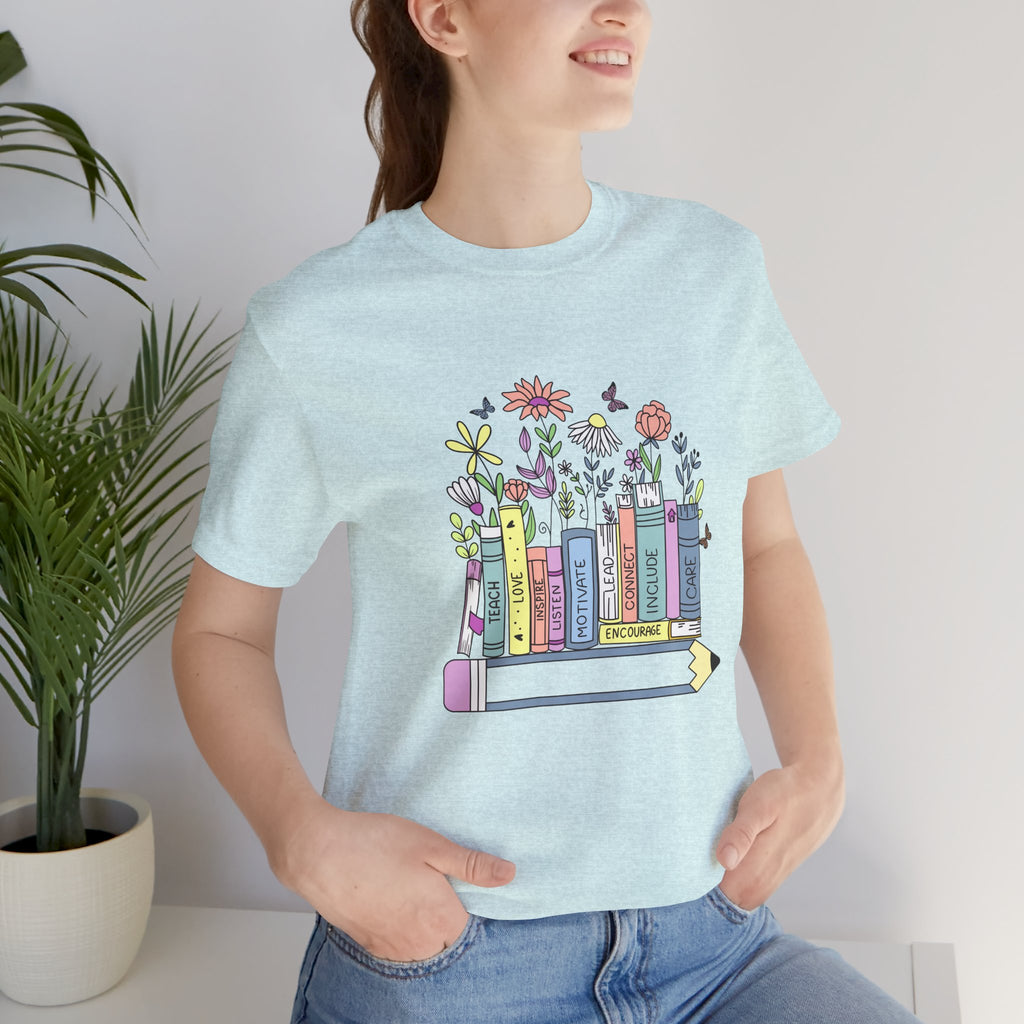 Book Lover T‑Shirt — Teacher Floral Books & Pencil Illustration Tee