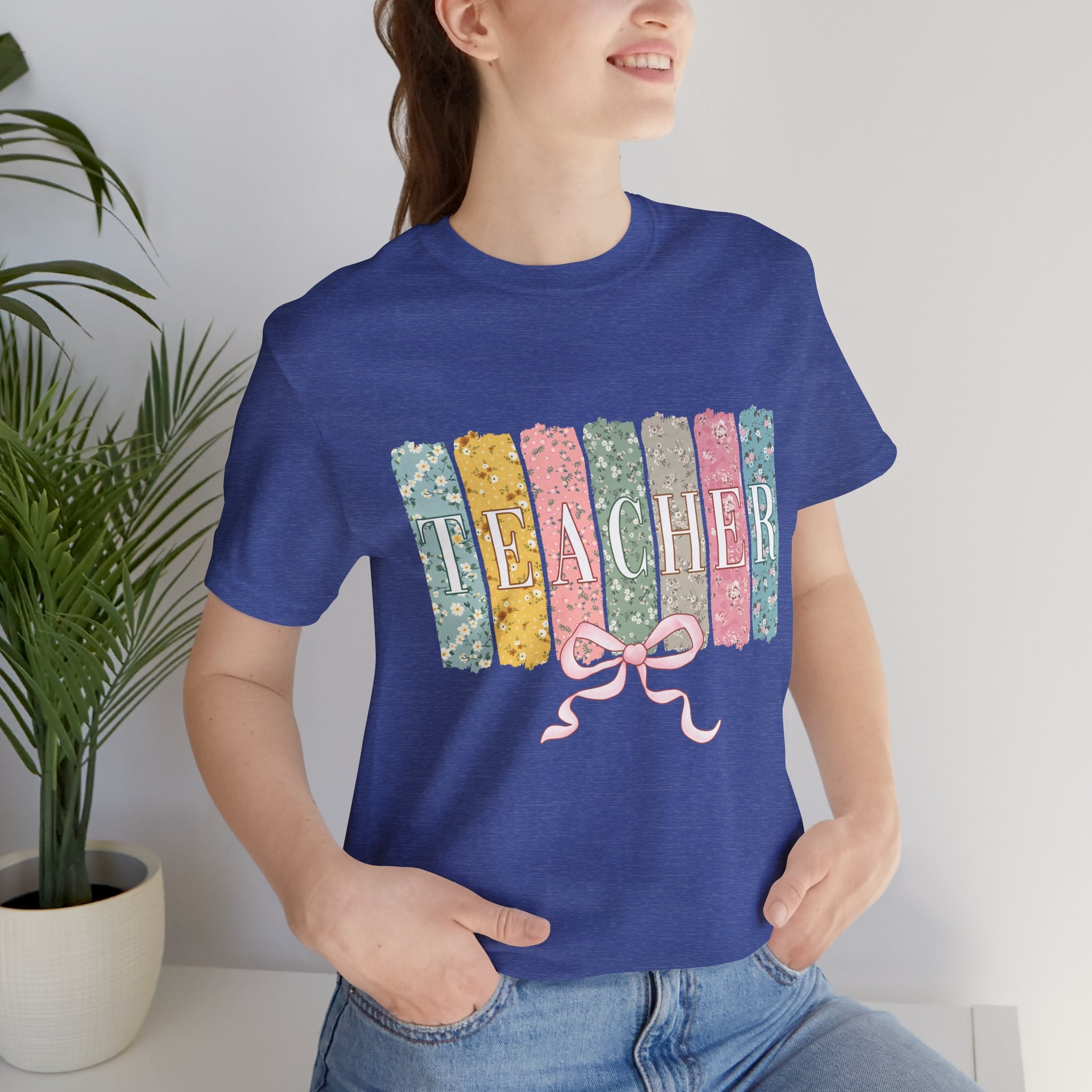 Teacher Floral Stripe T-Shirt - Pastel Ribbon Classroom Gift