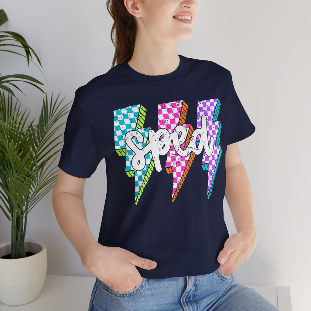Speed Lightning Tee — Retro Checkerboard Bolt Graphic T-Shirt