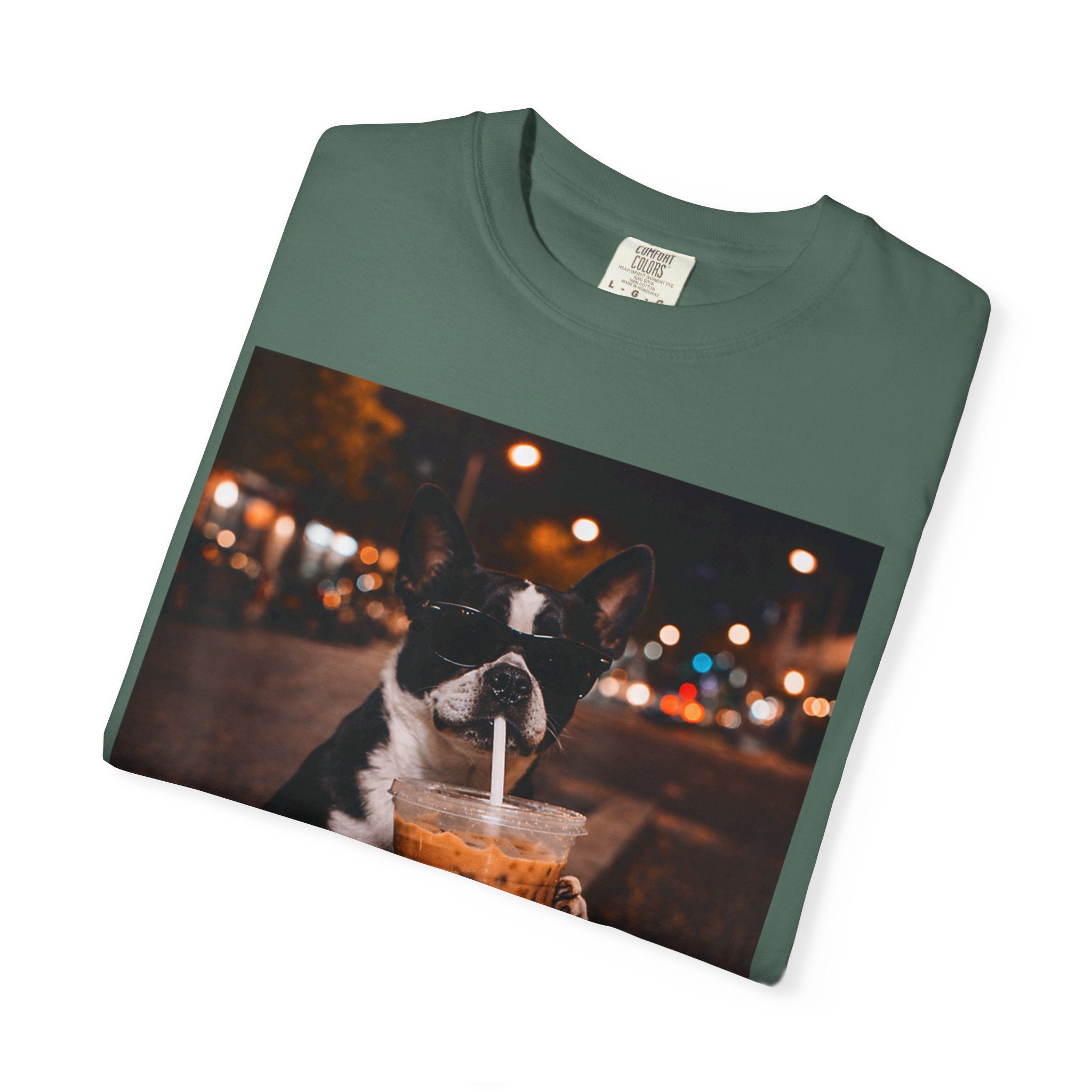 Boston Terrier Sipping Iced Coffee T-Shirt — Cute Dog Photo Tee