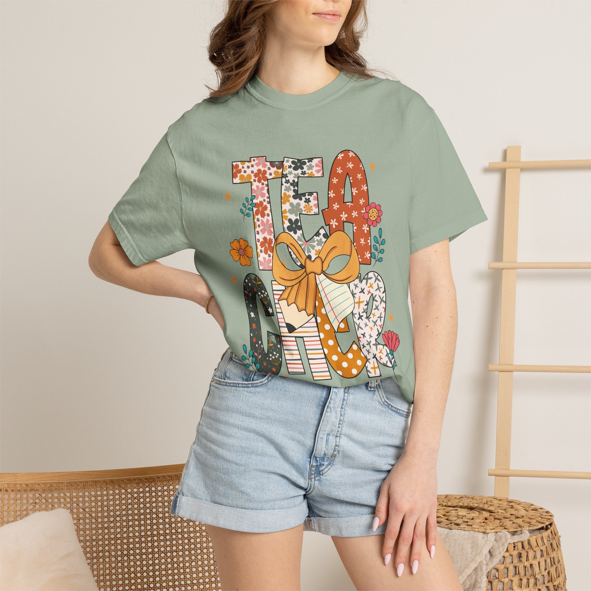 Teacher Graphic T-Shirt — Floral "Teacher" Design with Ribbon