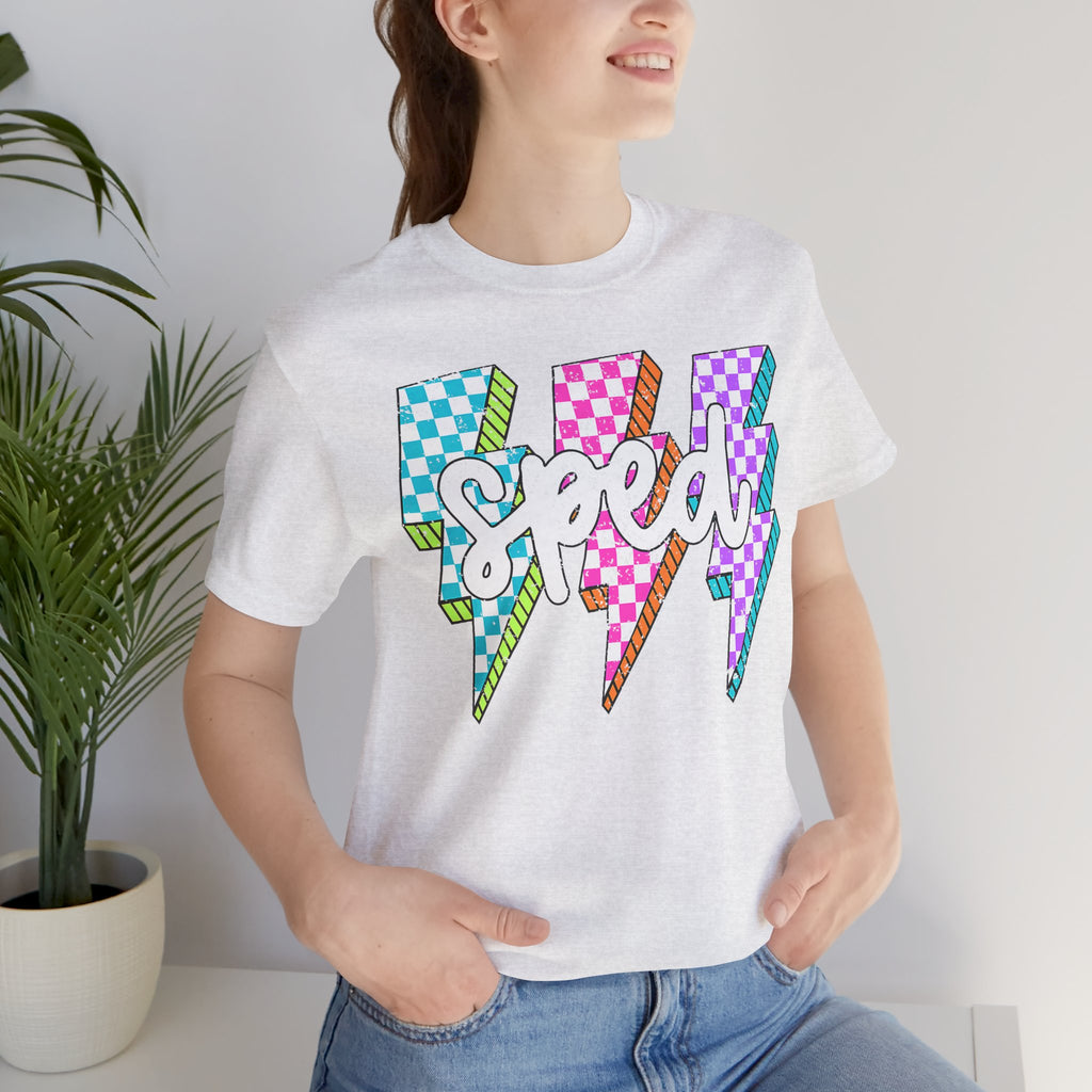 Speed Lightning Tee — Retro Checkerboard Bolt Graphic T-Shirt