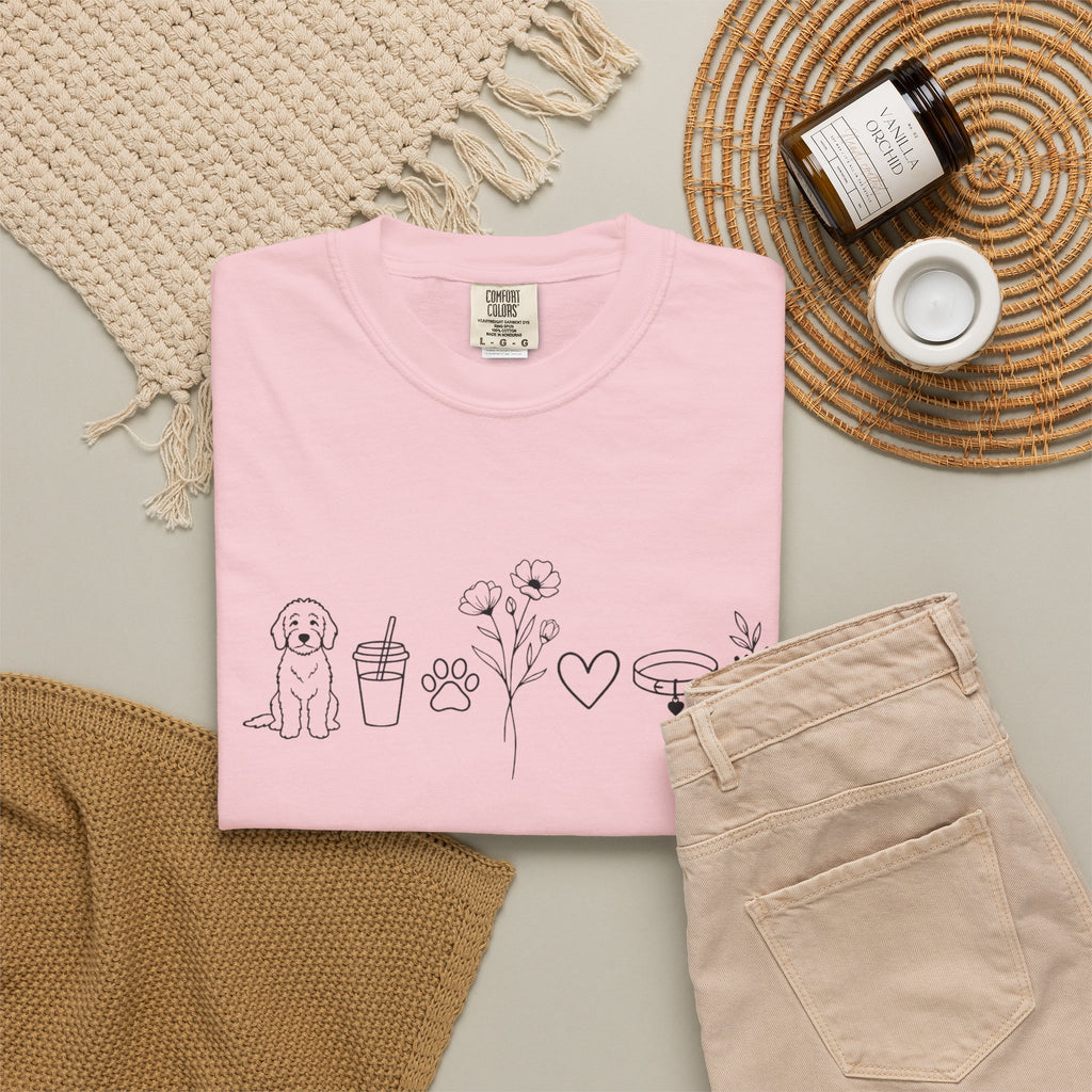 Minimal Doodle and Floral Icons T-Shirt — Coffee, Plants & Dog Line Art Tee