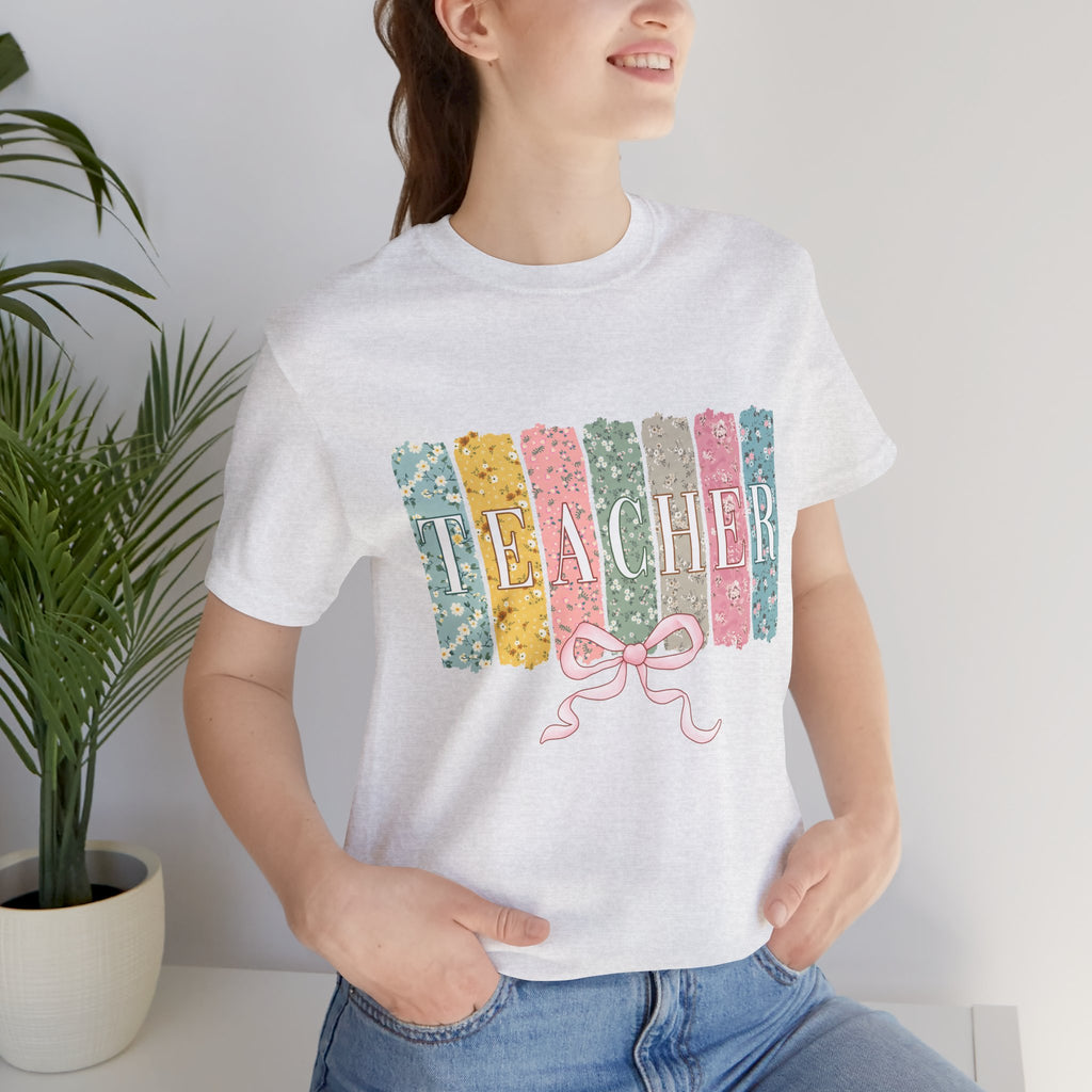 Teacher Floral Stripe T-Shirt - Pastel Ribbon Classroom Gift