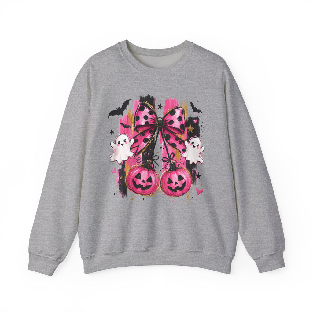 Halloween Pink Pumpkins Crewneck Sweatshirt — Cute Ghosts & Polka Dot Bow Design