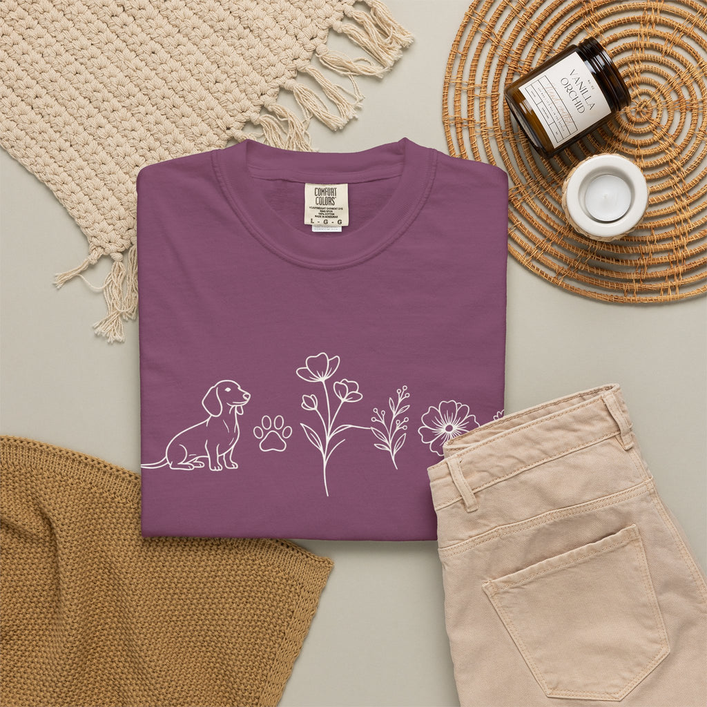 Floral Dachschund Line Art T-Shirt — Minimal Dog & Wildflower Tee