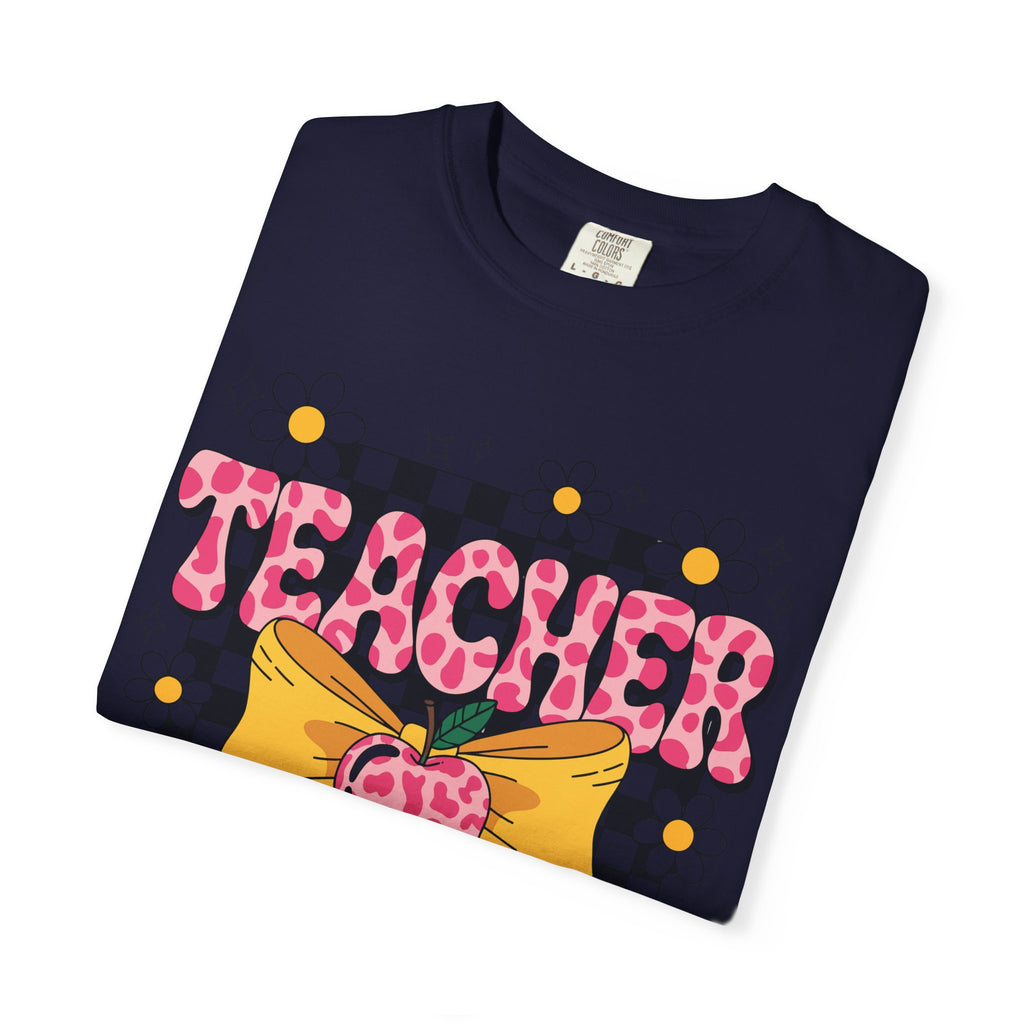 Teacher Floral Bow T‑Shirt — Cute Checkerboard & Heart Design for Educators