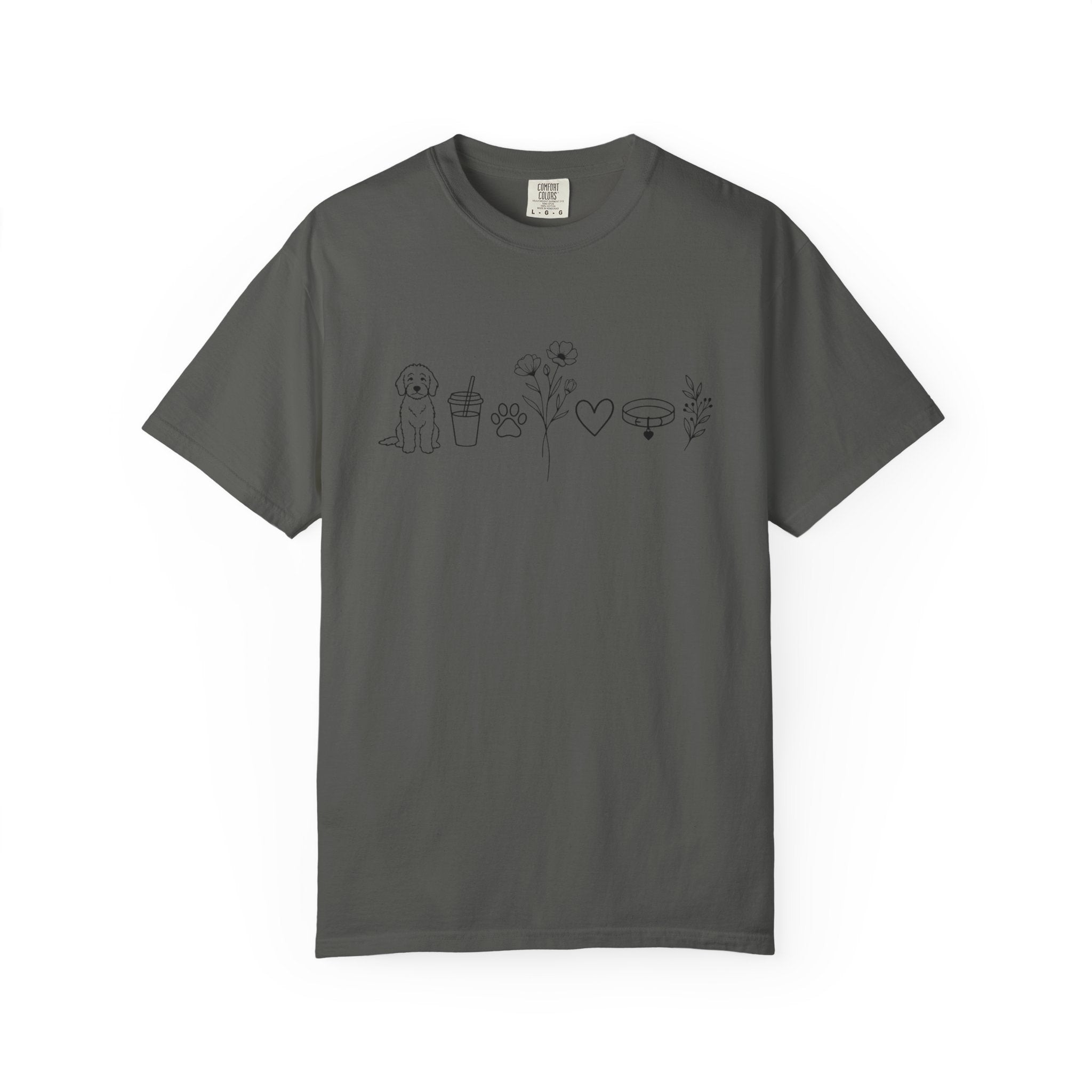 Minimal Doodle and Floral Icons T-Shirt — Coffee, Plants & Dog Line Art Tee