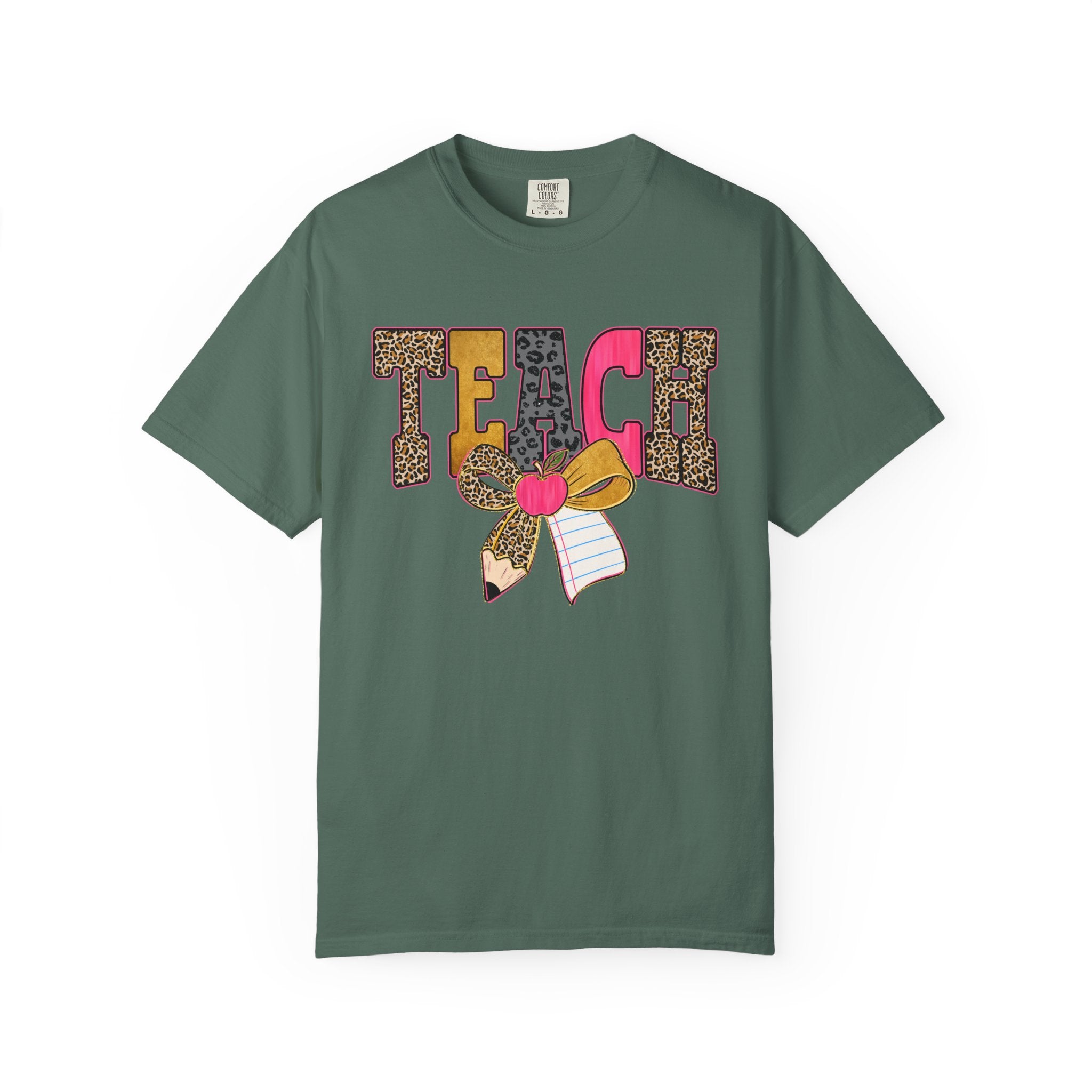 Teacher Graphic Tee — 'TEACH' Leopard Print Pencil Bow Design