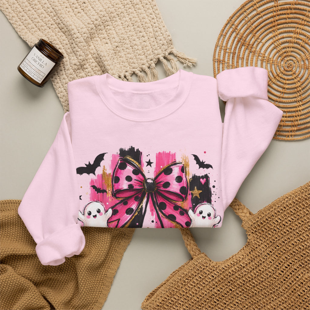 Halloween Pink Pumpkins Crewneck Sweatshirt — Cute Ghosts & Polka Dot Bow Design
