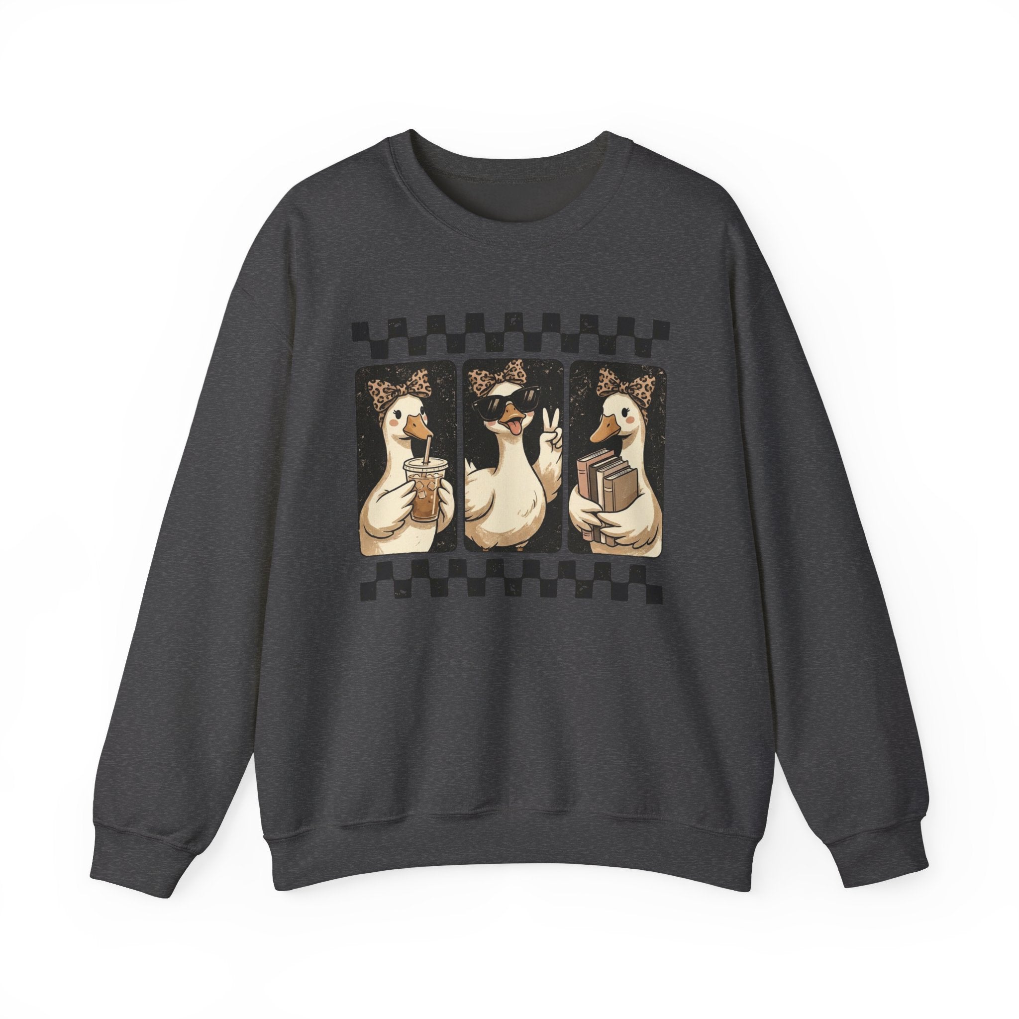 Duck Trio Crewneck Sweatshirt — Vintage Checkered Retro Goose Illustration