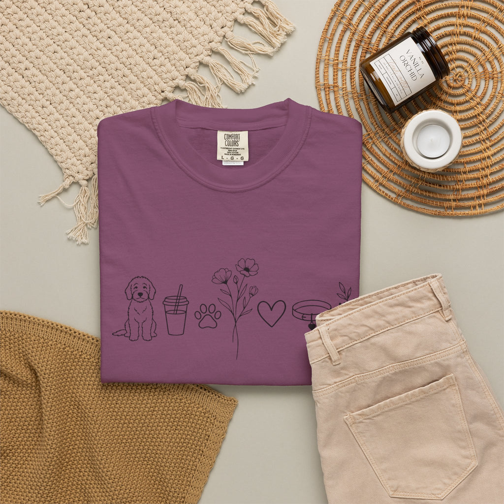 Minimal Doodle and Floral Icons T-Shirt — Coffee, Plants & Dog Line Art Tee