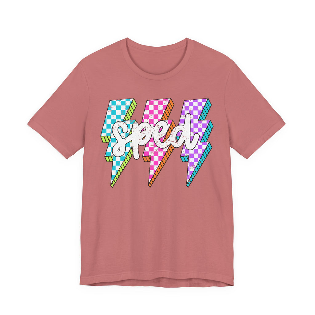 Speed Lightning Tee — Retro Checkerboard Bolt Graphic T-Shirt