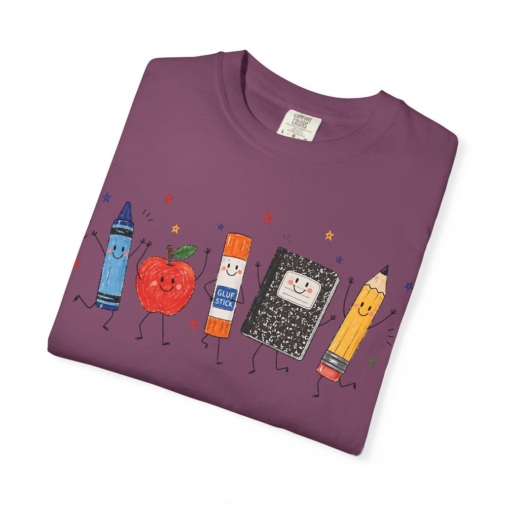 Cute School Supplies Teacher T-Shirt — Happy Apple, Crayon & Pencil Graphic Tee