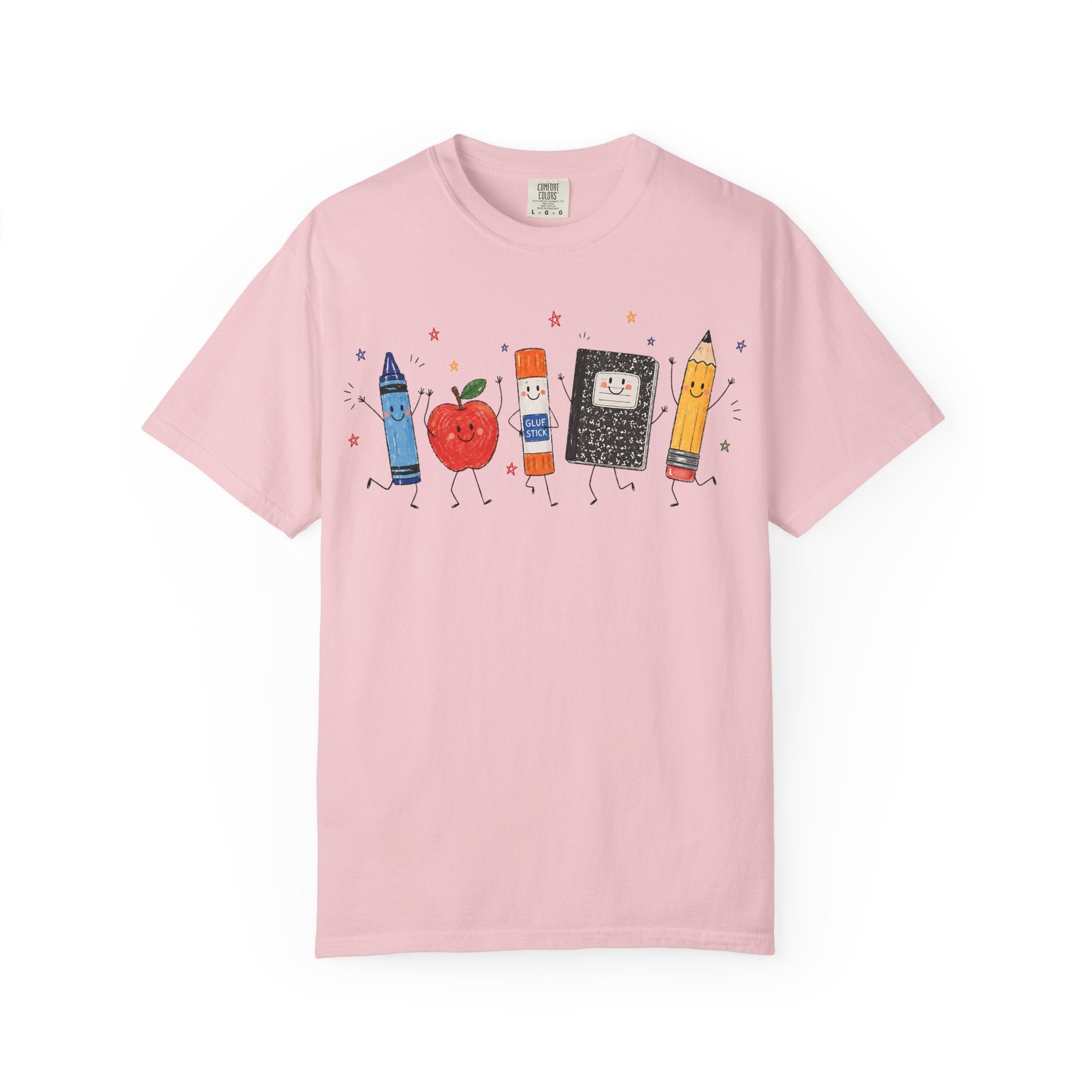 Cute School Supplies Teacher T-Shirt — Happy Apple, Crayon & Pencil Graphic Tee