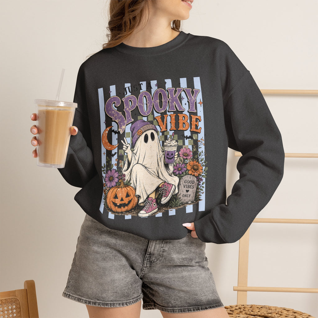 Spooky Vibe Crewneck Sweatshirt — Cute Halloween Ghost Pumpkin Graphic