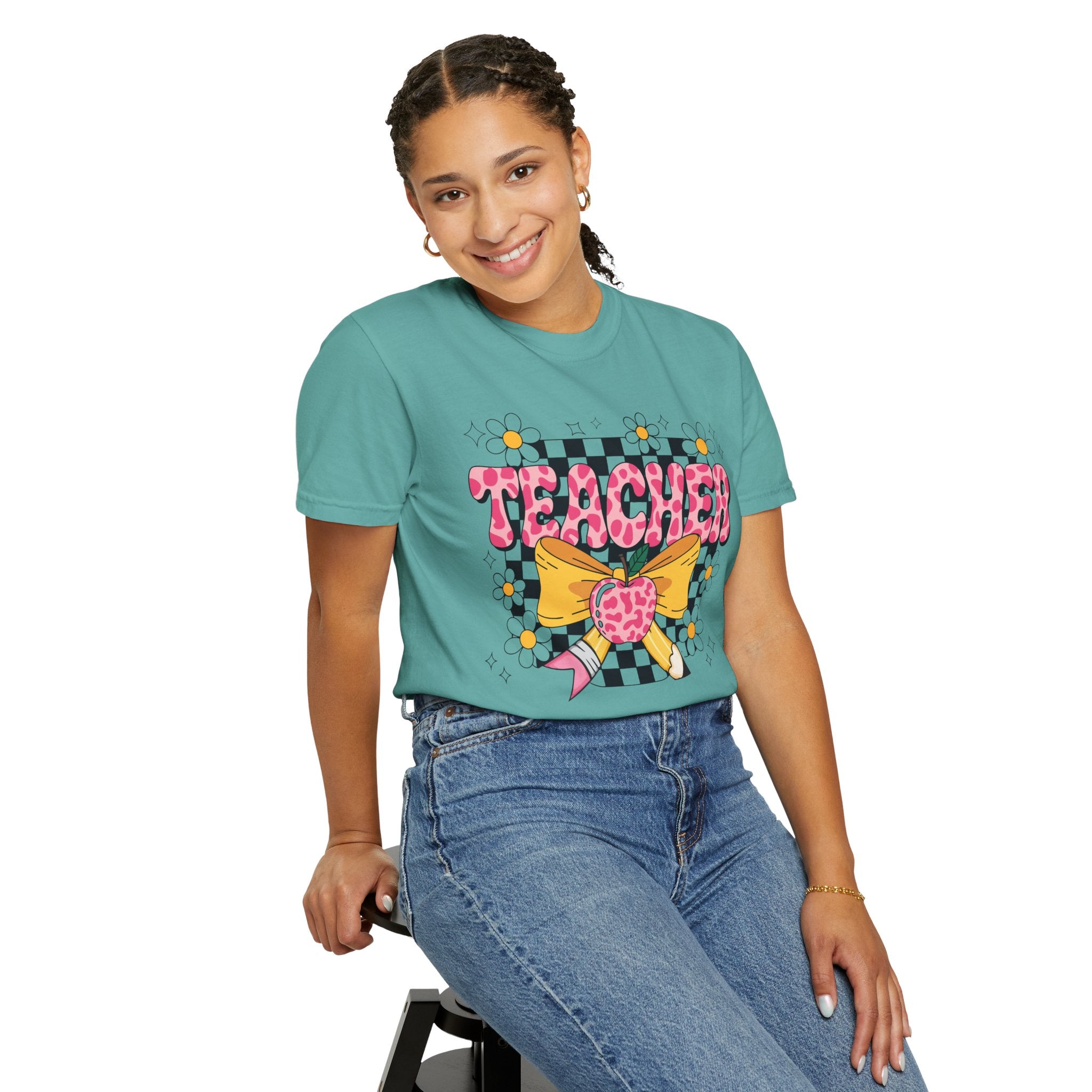Teacher Floral Bow T‑Shirt — Cute Checkerboard & Heart Design for Educators