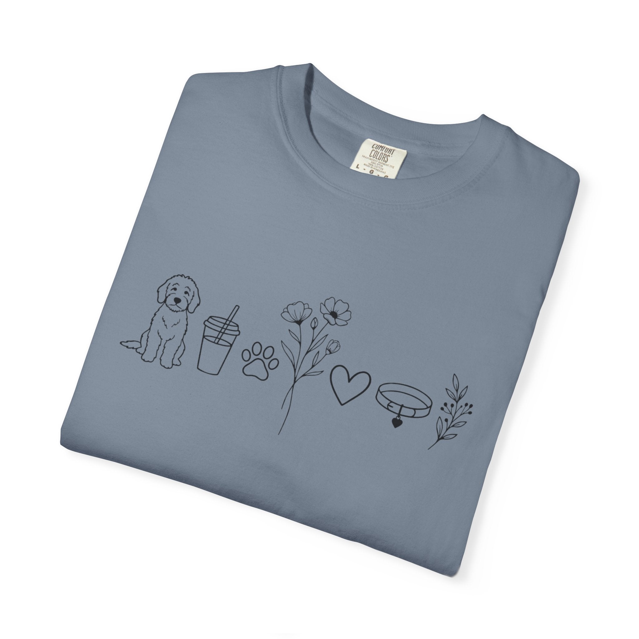 Minimal Doodle and Floral Icons T-Shirt — Coffee, Plants & Dog Line Art Tee