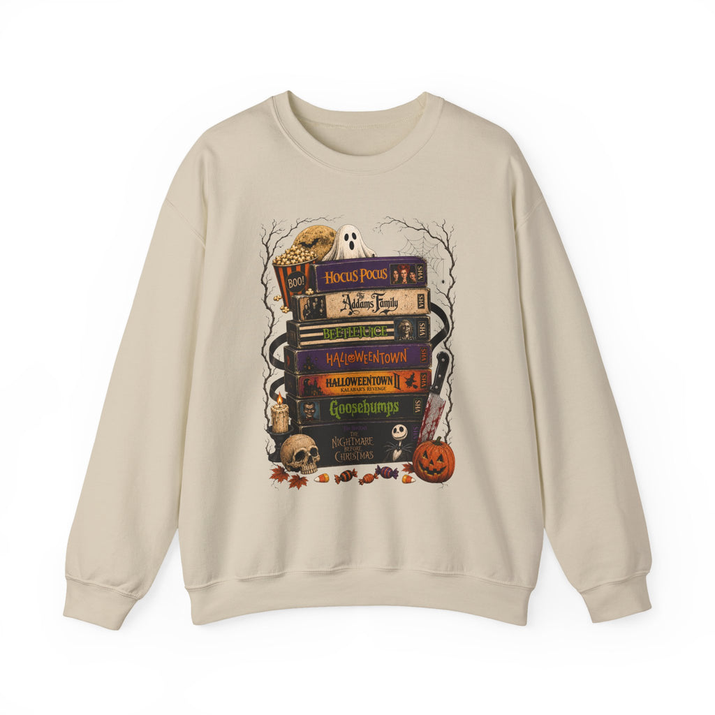 Halloween Book Stack Crewneck Sweatshirt — Spooky Classics Stack with Pumpkin & Skulls
