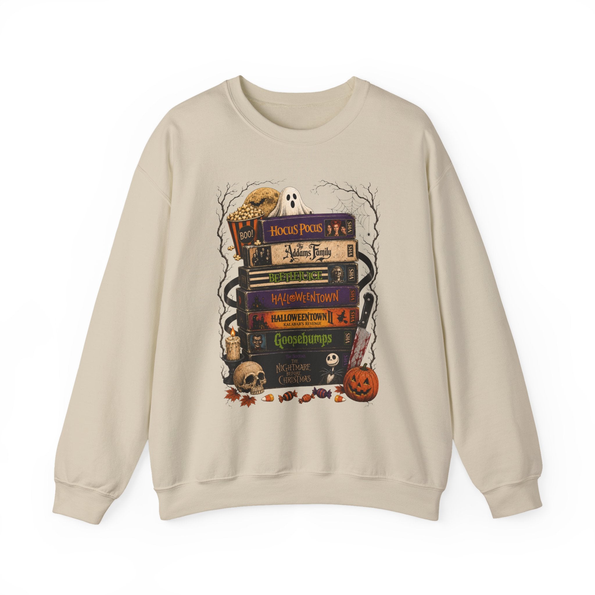 Halloween Book Stack Crewneck Sweatshirt — Spooky Classics Stack with Pumpkin & Skulls