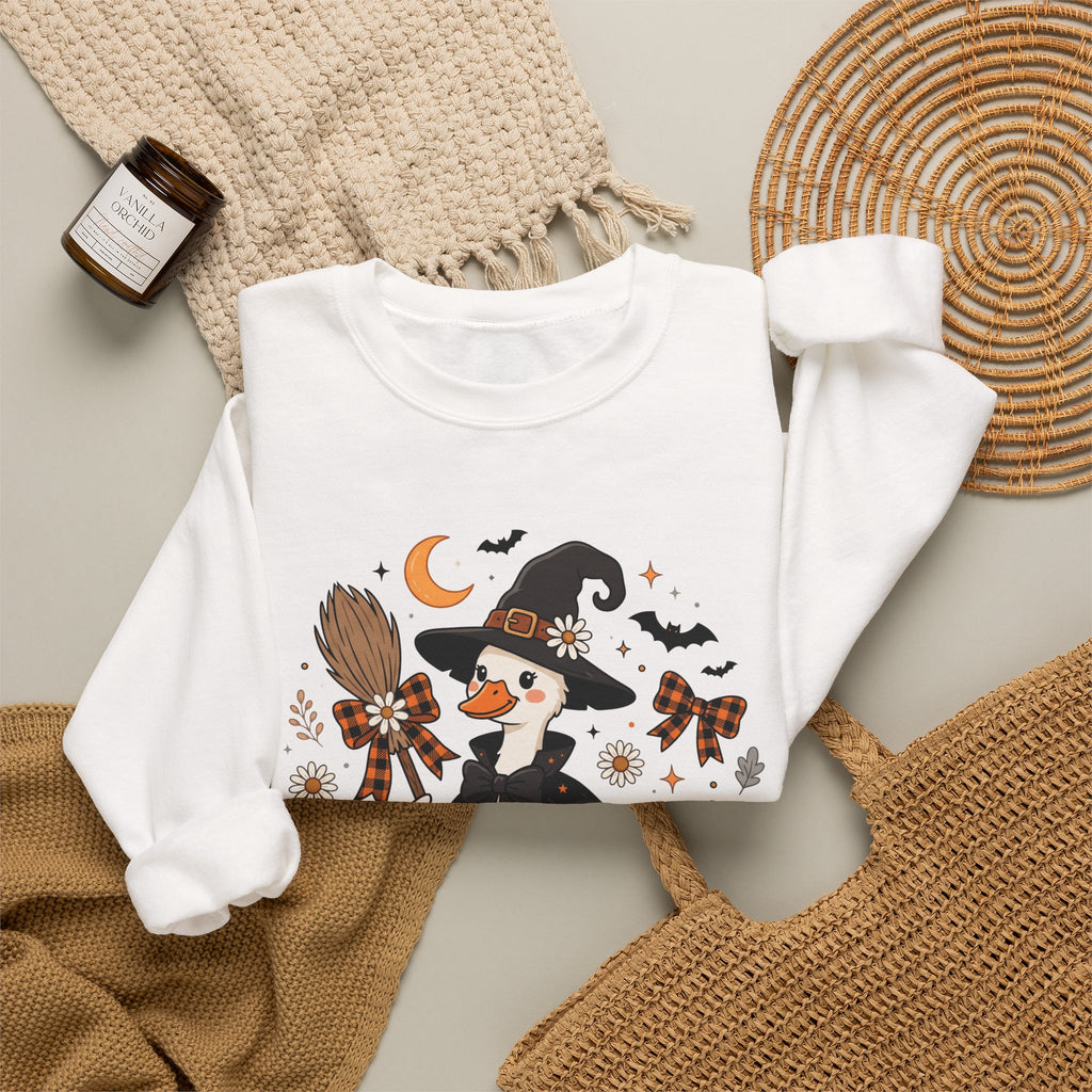 Halloween Duck Witch Crewneck Sweatshirt — Cute Pumpkin & Cauldron Graphic