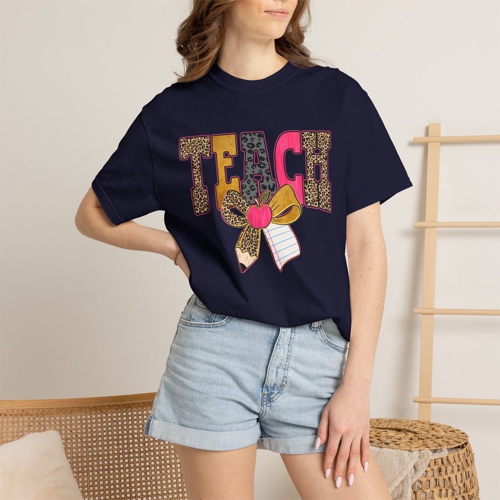 Teacher Graphic Tee — 'TEACH' Leopard Print Pencil Bow Design