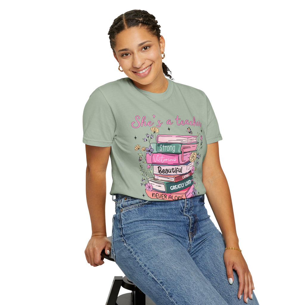 Teacher Appreciation T-Shirt — "She's a Teacher" Floral Stack Design