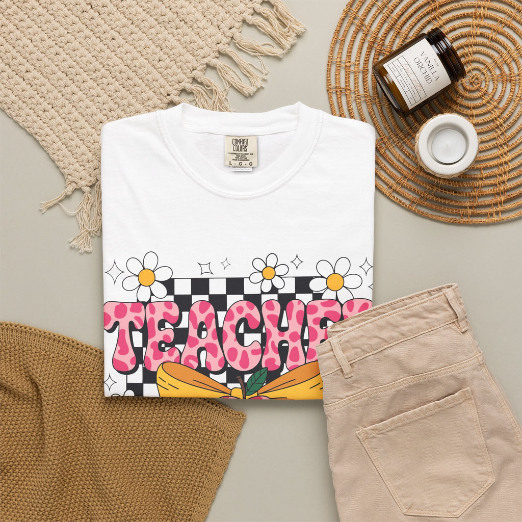 Teacher Floral Bow T‑Shirt — Cute Checkerboard & Heart Design for Educators