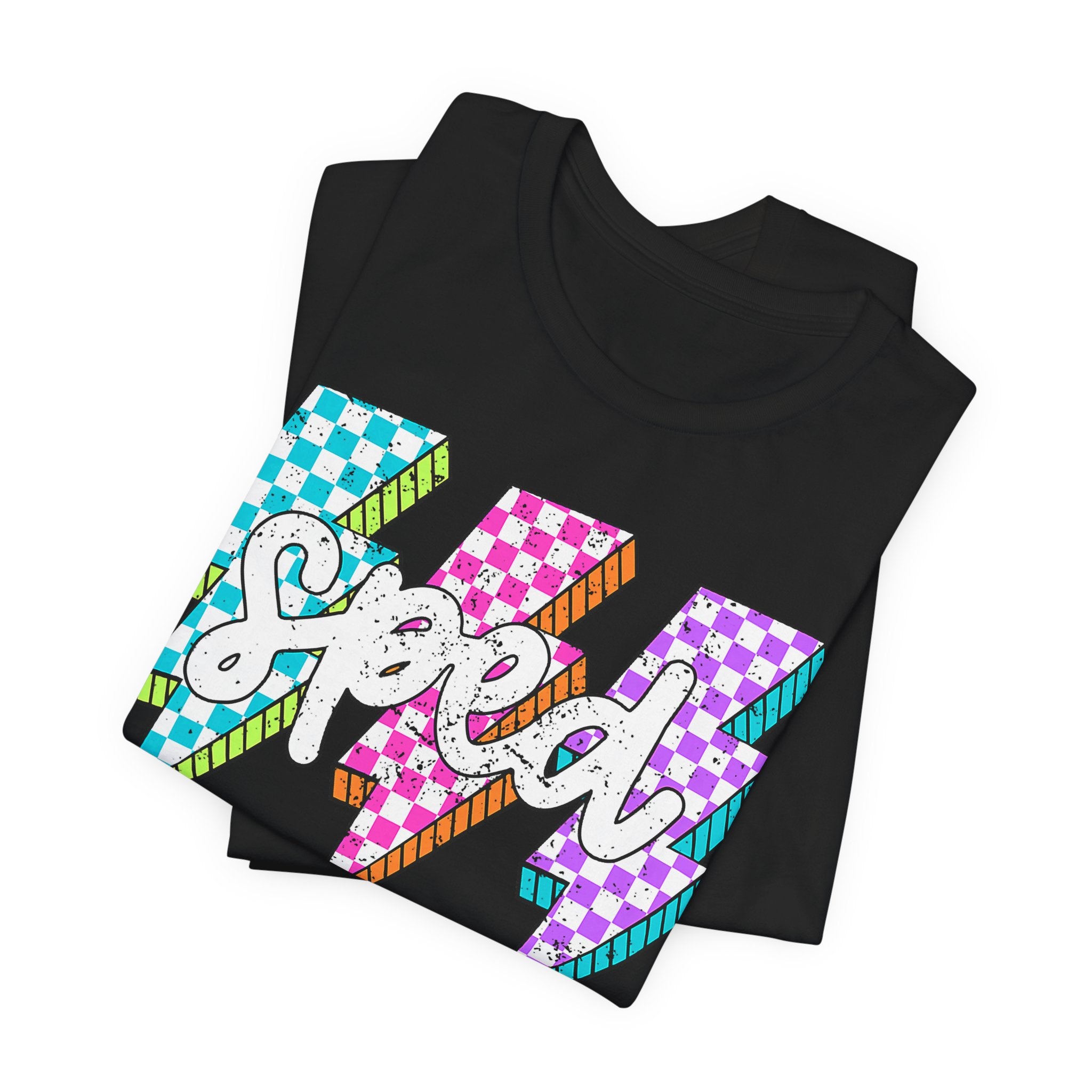 Speed Lightning Tee — Retro Checkerboard Bolt Graphic T-Shirt