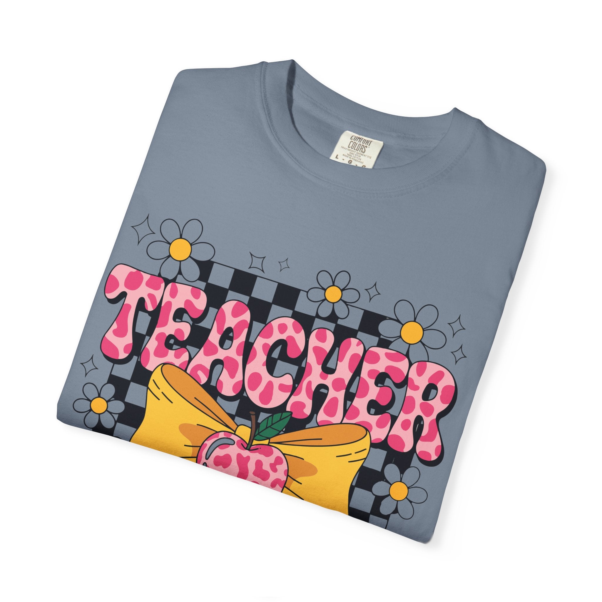 Teacher Floral Bow T‑Shirt — Cute Checkerboard & Heart Design for Educators