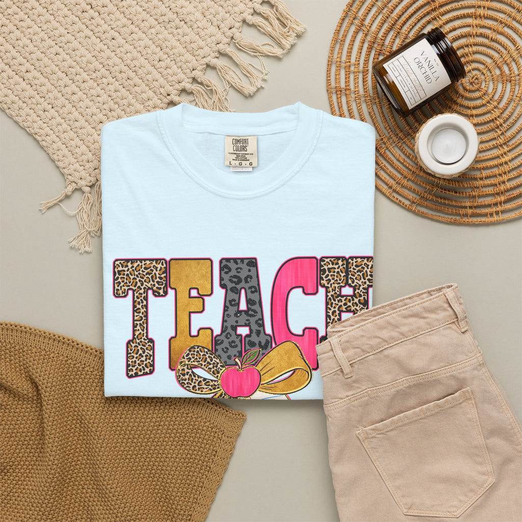 Teacher Graphic Tee — 'TEACH' Leopard Print Pencil Bow Design