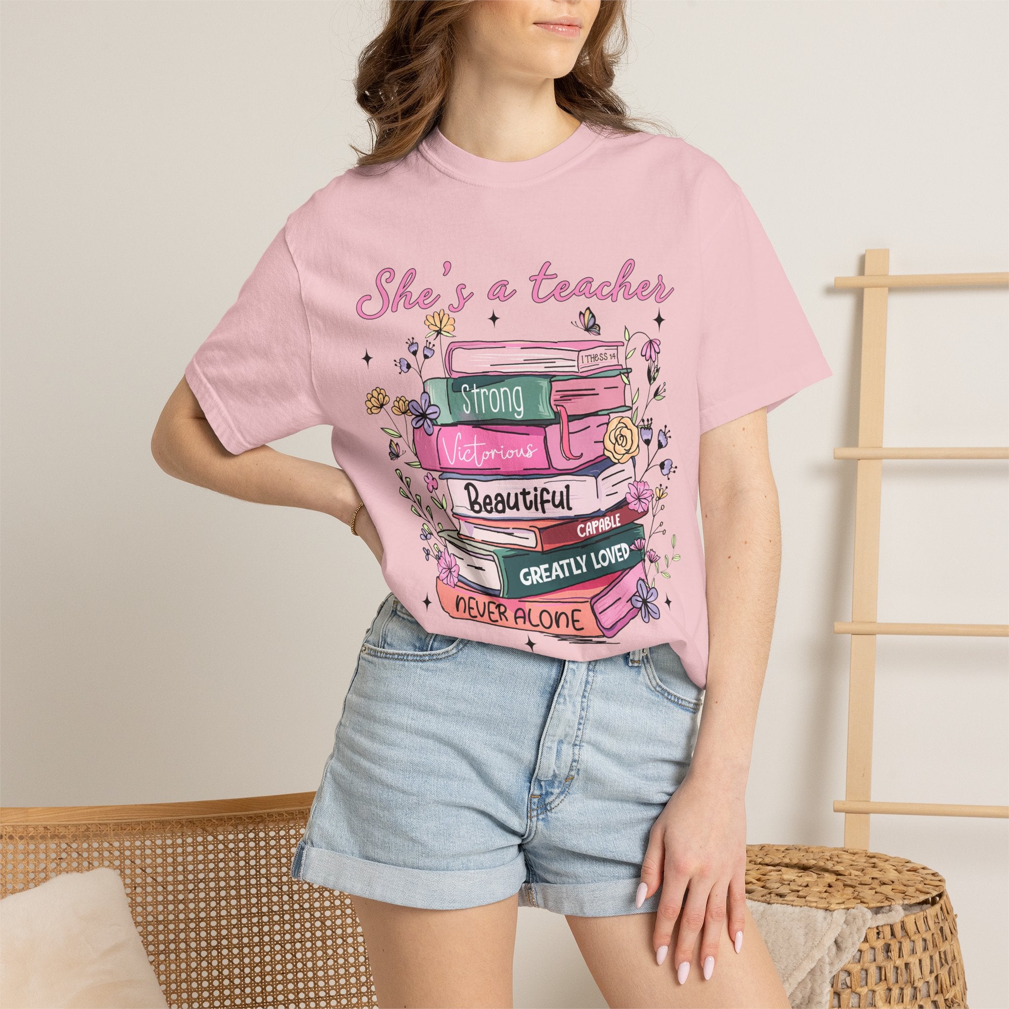 Teacher Appreciation T-Shirt — "She's a Teacher" Floral Stack Design