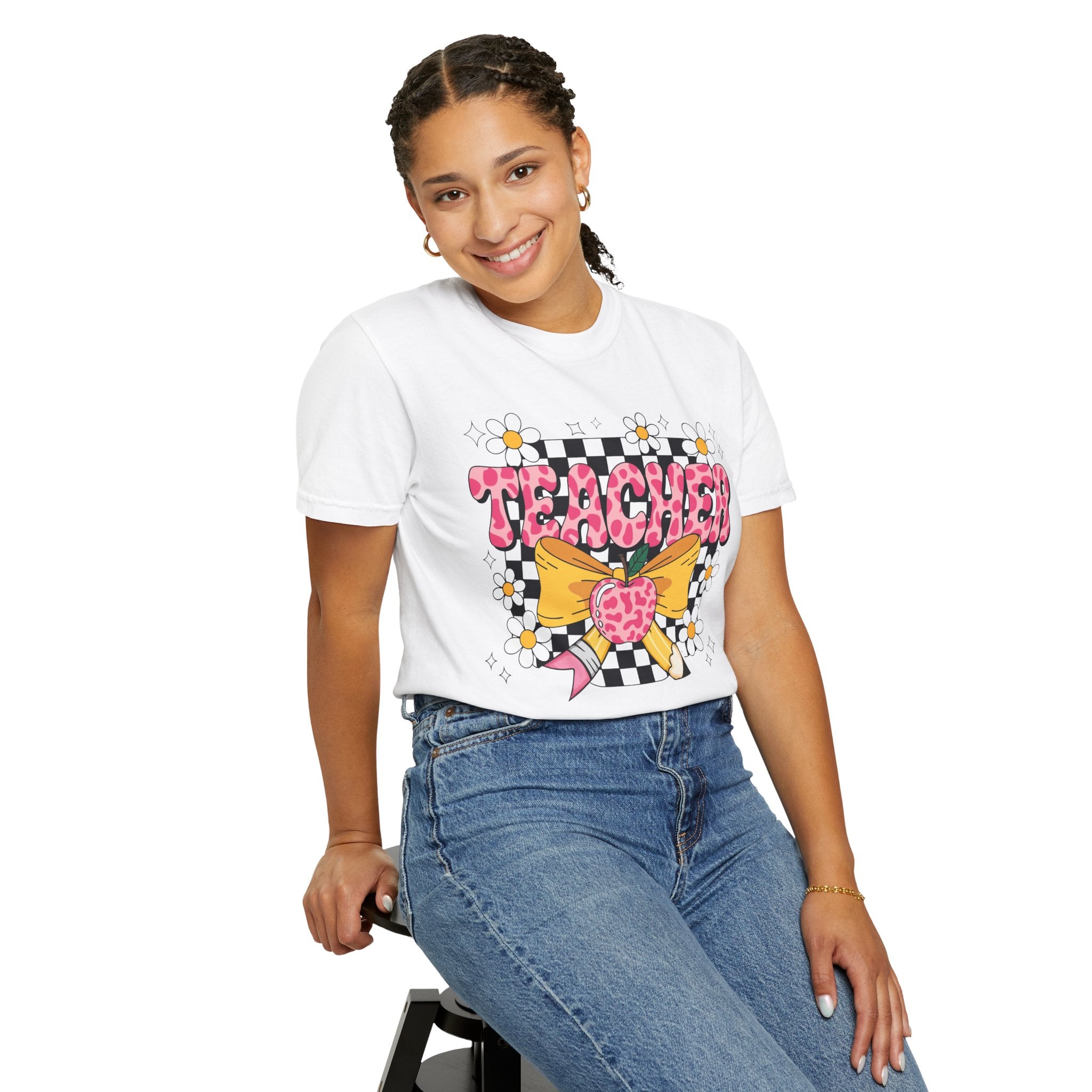 Teacher Floral Bow T‑Shirt — Cute Checkerboard & Heart Design for Educators