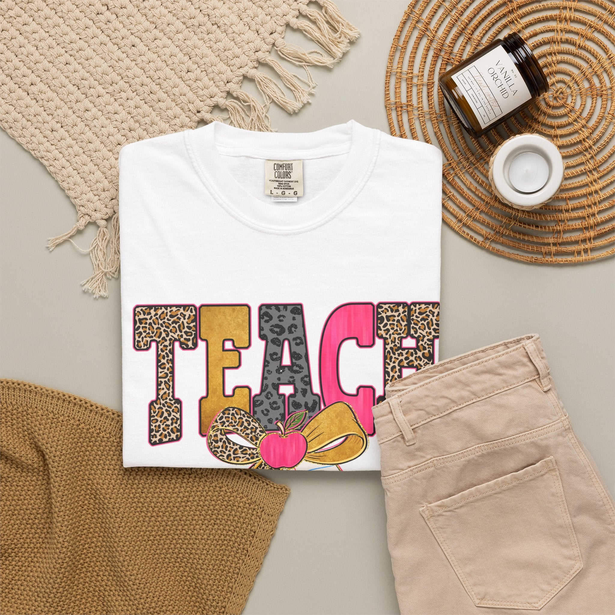 Teacher Graphic Tee — 'TEACH' Leopard Print Pencil Bow Design