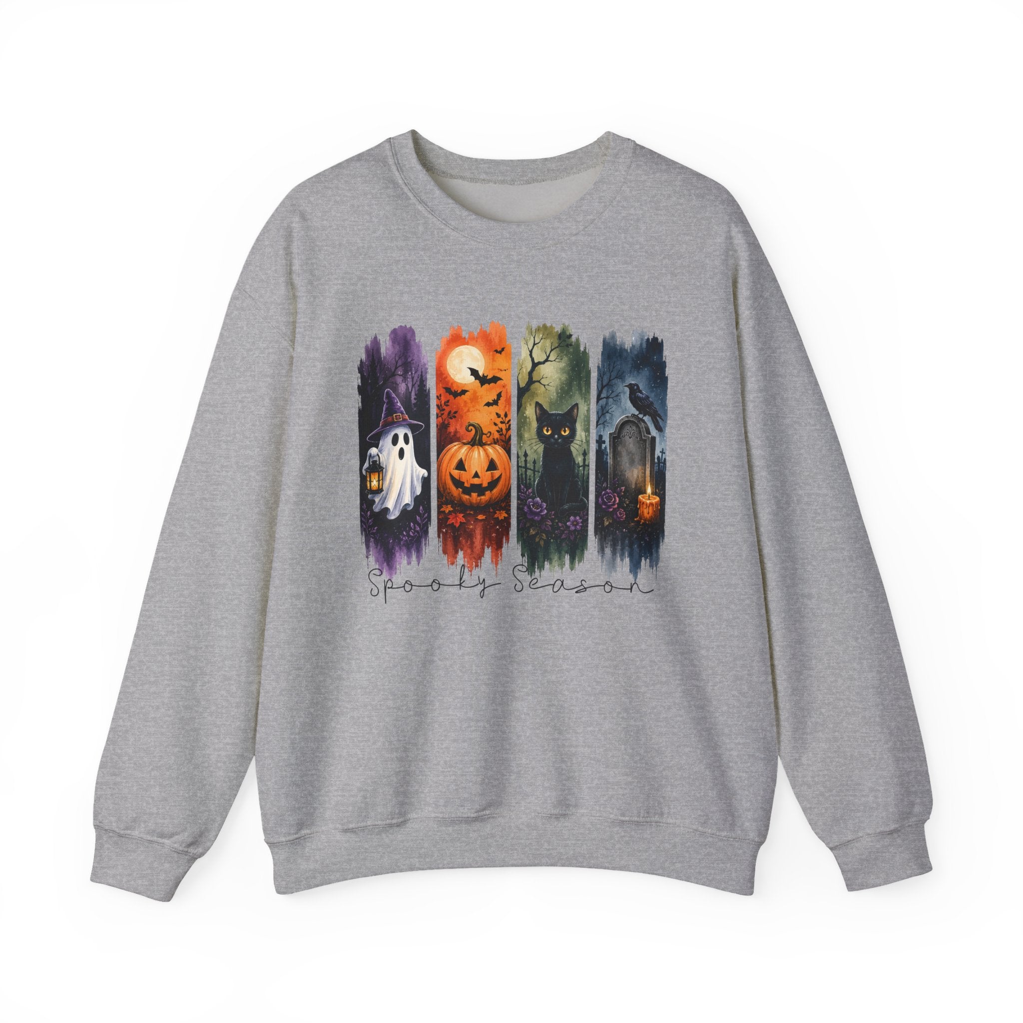 Halloween Seasons Crewneck Sweatshirt — Spooky Ghost, Jack-o'-Lantern & Haunted Night Design