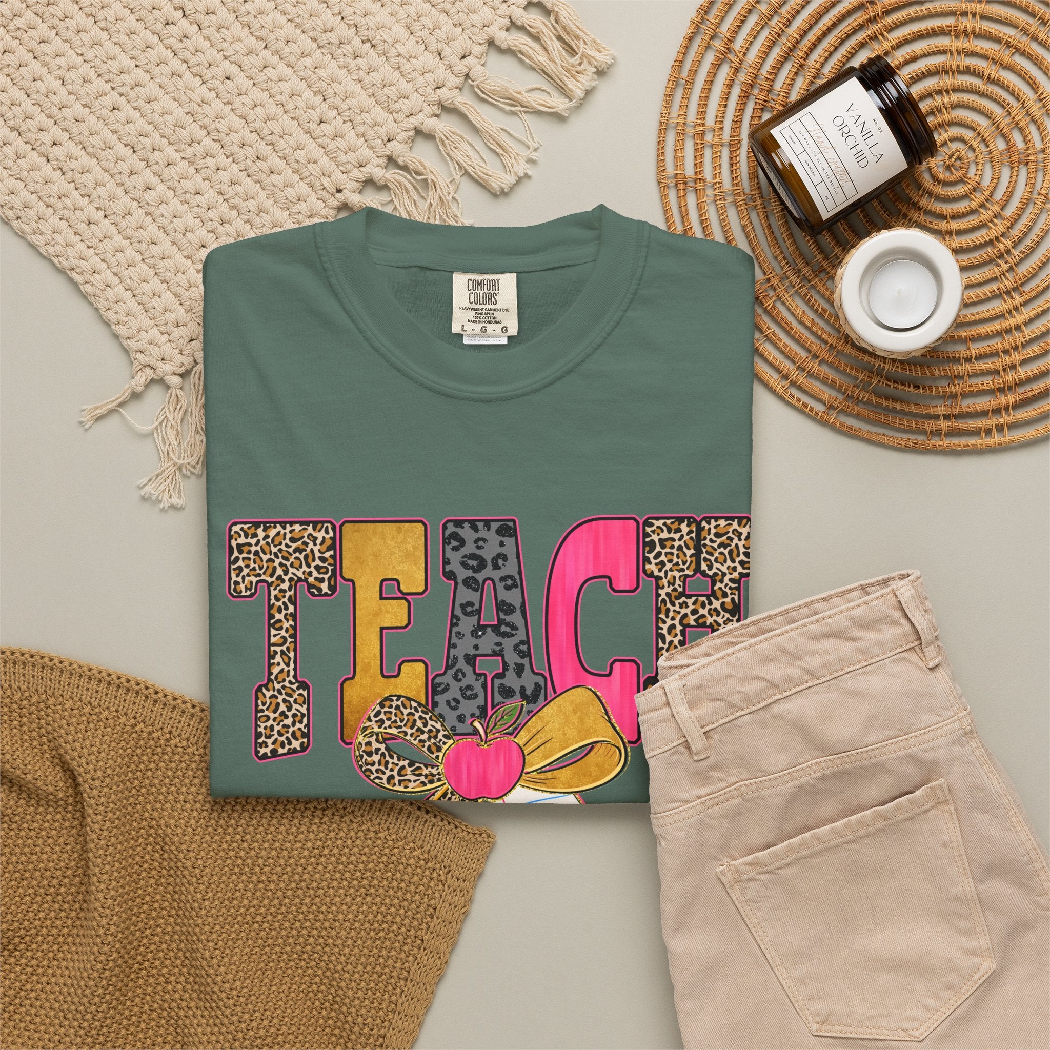 Teacher Graphic Tee — 'TEACH' Leopard Print Pencil Bow Design