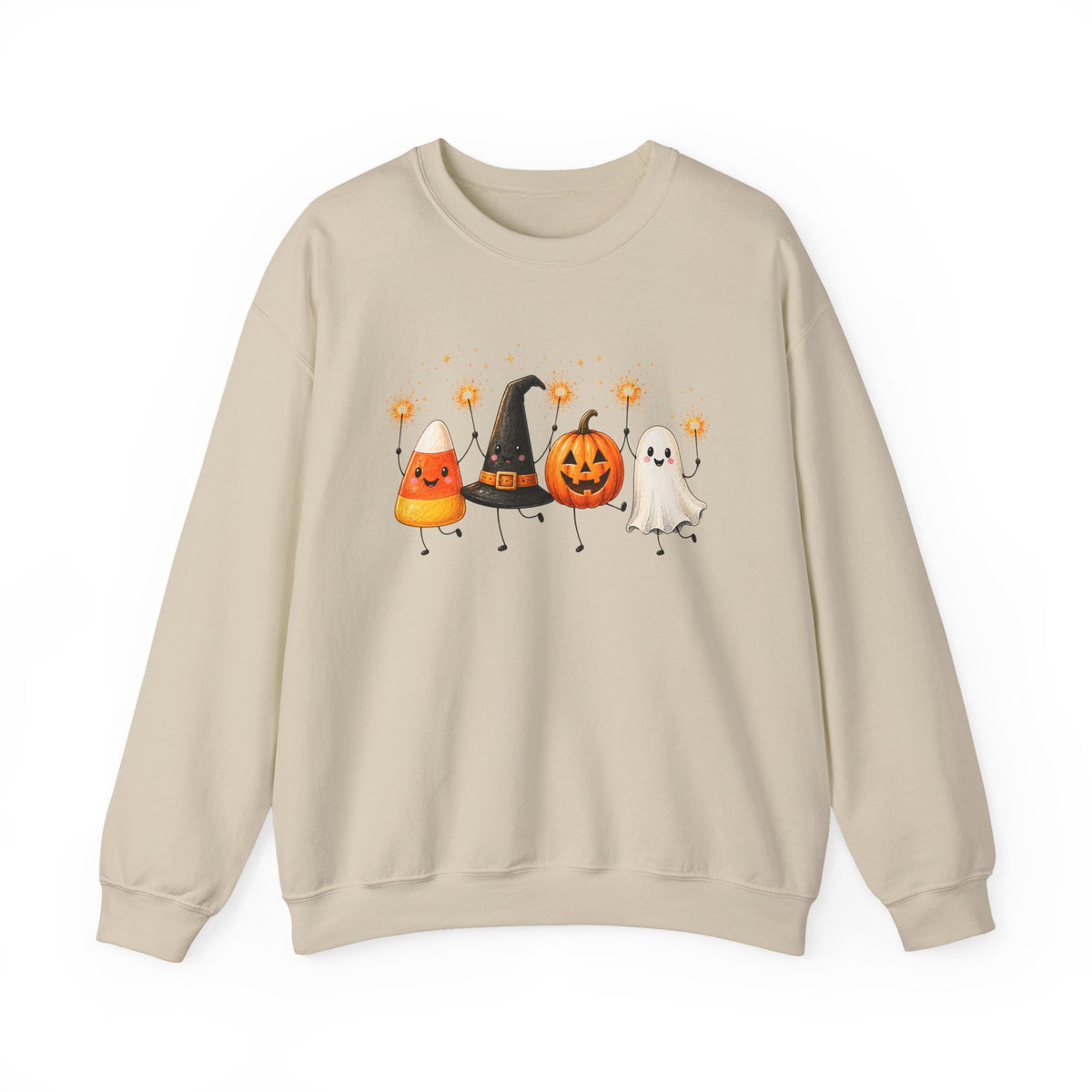 Halloween Friends Crewneck Sweatshirt — Cute Candy Corn, Witch Hat, Jack-o'-Lantern & Ghost Design