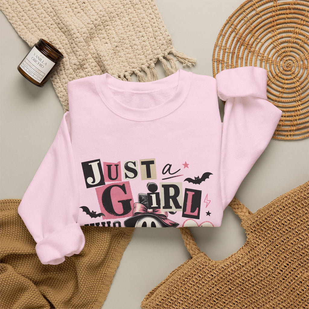 Halloween Sweatshirt — "Just a Girl Who Loves Halloween" Cute Ghost & Pumpkin Crewneck
