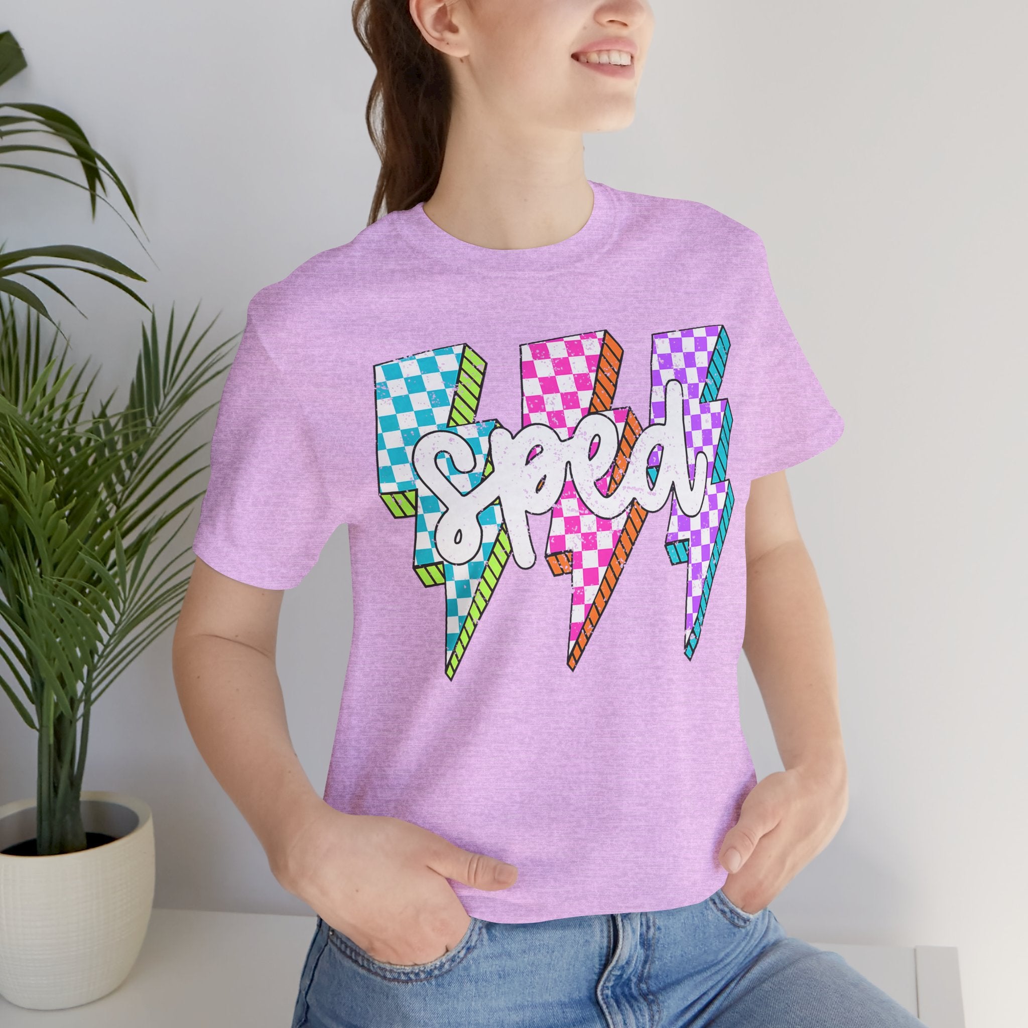 Speed Lightning Tee — Retro Checkerboard Bolt Graphic T-Shirt