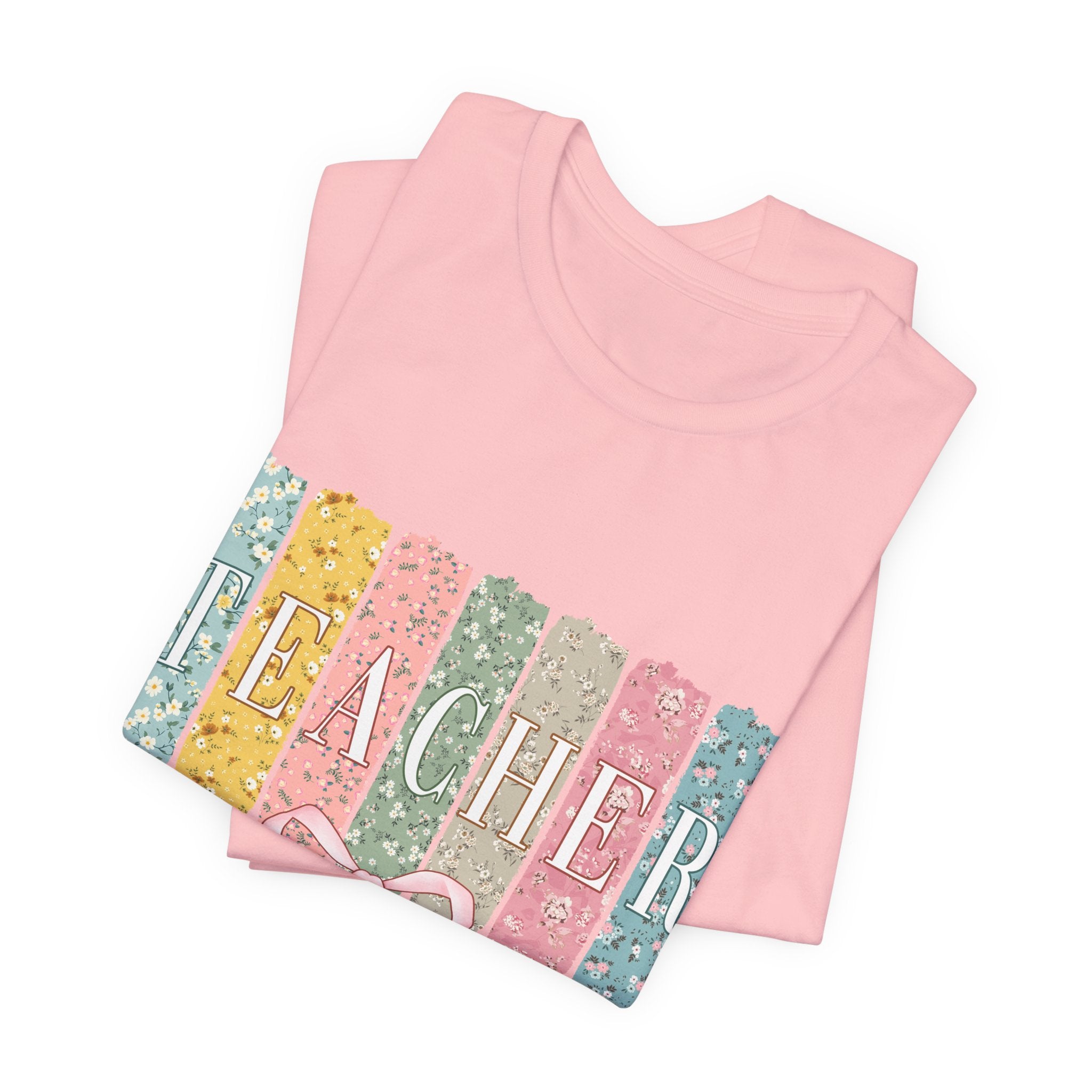 Teacher Floral Stripe T-Shirt - Pastel Ribbon Classroom Gift