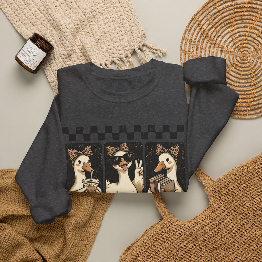 Duck Trio Crewneck Sweatshirt — Vintage Checkered Retro Goose Illustration