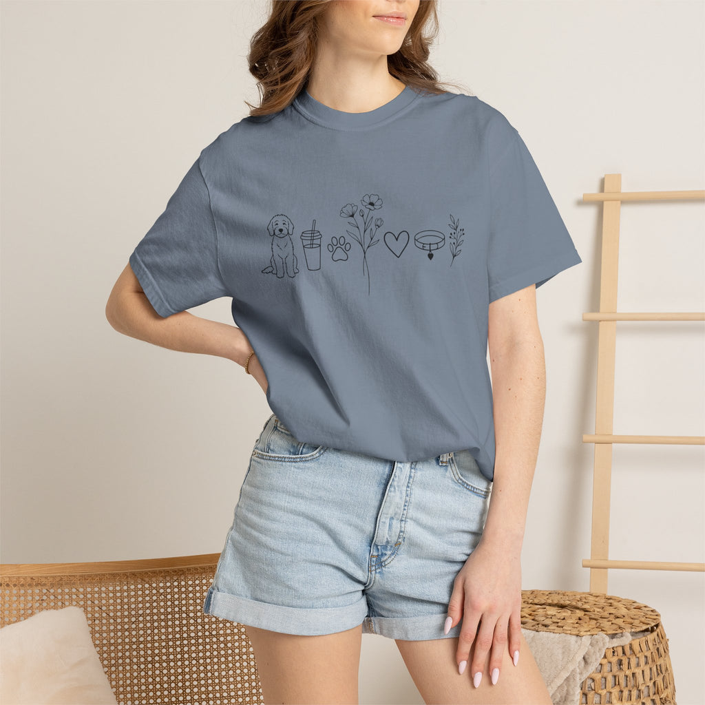 Minimal Doodle and Floral Icons T-Shirt — Coffee, Plants & Dog Line Art Tee
